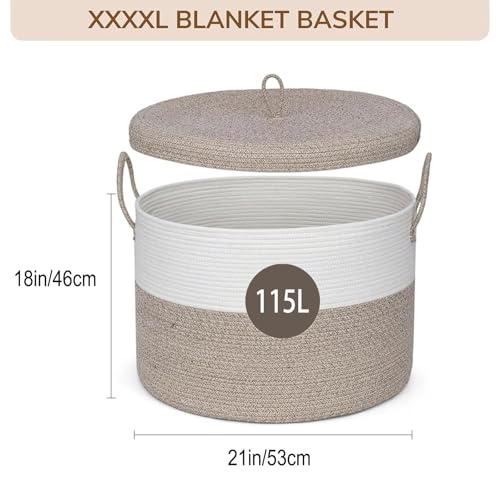 21" x 18" Extra Large storage baskets,Decorative blanket basket with lid for Living room,rope baskets with lid,wicker hamper for bedroom,Big,Round,White & Brown 115L - color: White & Brown