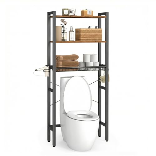 VASAGLE Over the Toilet Storage, Over Toilet Bathroom Organizer with Adjustable Shelves and Basket, 3 Hooks, Space Saving, 9.4 x 23.6 x 63 Inches, Rustic Brown UBTS113KD01S - color: Rustic Brown, style: 3 Tiers (63" H)