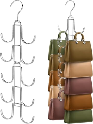 2 Pack Purse Organizer for Closet, Upgraded Purse Hangers with 20 Big Hooks, 360 Degree Rotation for Better Organizer and Display, Collapsible Space Saving Hangers Rack for Handbag, Tie, Silver - color: Silver, size: 2