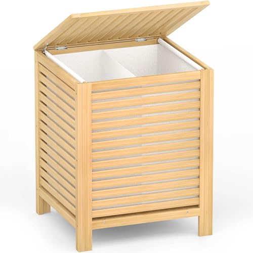 Homykic Bamboo Laundry Hamper with Lid, 120L Large Clothes Laundry Sorter with Removable 2-Section Liner Bag, Raised Laundry Basket Organizer for Clothing, Bathroom, Bedroom, Laundry Room, Natural - color: Natural