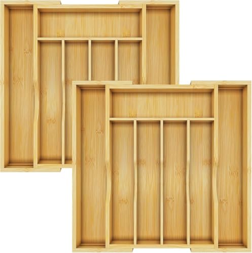 Bamboo Utensil Organizer for Kitchen Drawers, Utensil Tray and Cutlery Silverware Holder,Wood Drawer Dividers with 7 Slots（2 pack） - size: 7 Slot-Expandable（2 pack）