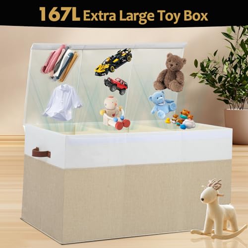 Gowee Extra Large Toy Storage Box with Lid, Sturdy Toys Storage Chest Bin Organizer Basket with Dividers for Kids, Boys, Girls, Nursery, Closet, Bedroom, Playroom 35.5"x17" x17" (Beige and White) - color: Beige and White, size: 35.5"x17" x17"