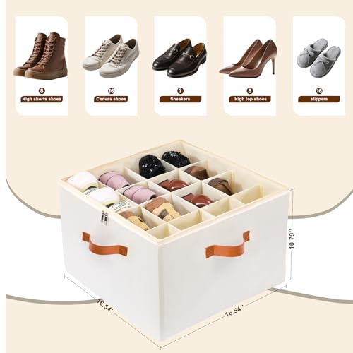 Shoe Organizer for Closet, Shoe Storage Boxes Fits up to 16 Pairs, Foldable Shoe Containers Bins Baskets with Adjustable Dividers and Clear Cover White