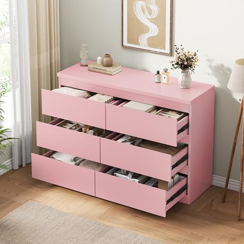 Jocoevol Modern Pink 6 Drawer Dresser - Simply Chest of Drawers for Bedroom, Closet, Living Room, Hallway, Entryway, Wood Storage Double Dresser with Smooth Metal Rails - Pink - color: Pink