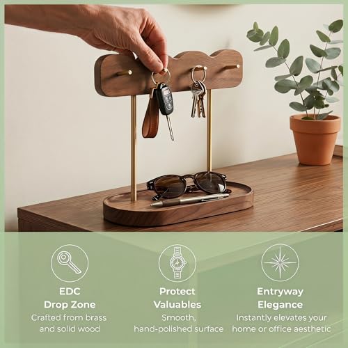 Luxury Walnut Wood Key Stand – Wave-Designed Entryway Organizer with 4 Gold Hooks, Multi-Functional Valet Tray for Keys, Jewelry & Accessories, Minimalist Decor for Entry Table