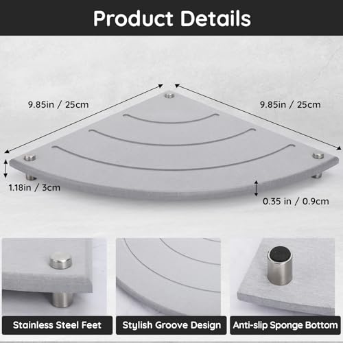 Segbeauty Corner Counter Shelf, 9.85in Water Absorbing Stone Drying Mat for Kitchen Counter, Instant Drying Stone Tray Dish Sponge Holder, Fast Drying Diatomaceous Bathroom Counter Corner Organizer - color: Gray, size: 9.9" x 9.9" x 1.2"