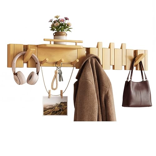 Mid Century Modern Walnut Foldable Entryway Wall Coat Hanger Hook with Shelf,Heavy Duty Wooden Piano Hidden Towel Hooks for Bathroom,Wall Rack for Purse&Key&Mail,Home Decor (Natural, 9 Hooks) - color: Natural, size: 9 Hooks