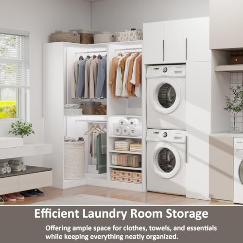 Closet System with 2 Sets, 55" Closet Organizer System with 5 Hanging Rods& Adjustable Shelves,Walk in Closet Corner Free Standing Closet System, Modular Closet System, White