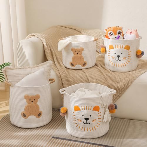 Large Blanket Baskets for Living Room, Teddy Bear Baskets Toy Storage Basket Woven Cotton Rope Basket for Kids, Toys Organizer Clothes Hamper with Embroidery, Teddy Bear Nursery Decor ( Large ) - color: Bear, size: Large