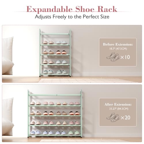 Bumusty 5-Tier Expandable Shoe Rack for Closet, 18“-33” Adjustable Shoe Rack for Small Space, Small Shoe Organizer for Front Door, Sturdy Metal,Green - color: Green, size: 5-Tier