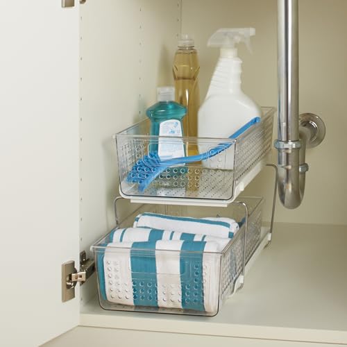 madesmart 2 Tier Organizer, Under Cabinet Storage with Pull Out Sliding Drawers, for Cleaning Supplies, Undersink Storage, Sponges, Bottles & Bath, Adjustable Dividers & Pull Out Baskets, Clear - color: Clear