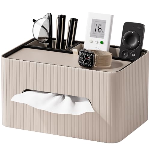 KINGFOM Leather Tissue Box Cover with Storage Tray, Decorative Tissue Box Holder Organizer for Office Desk, Bedroom & Nightstand, Remote Control Holder for Perfume, Watch, Glasses, Pens (Mocha Beige) - color: Mocha Beige