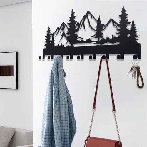 Metal Key Holder, Wall Mounted Key Hooks, Key Holder for Wall, Key Organizer Rack with 9 Hooks, Key Hanger Decor for Kitchen, Entryway, Hallway, Bedroom, Doorway (Mountain 14IN) - color: Mountain, size: 14 Inch