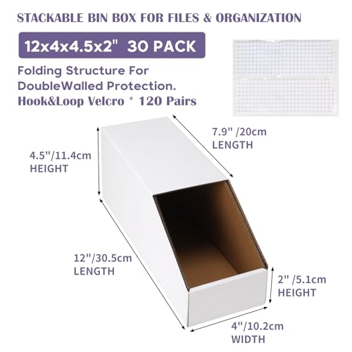 EXYGLO Stackable Cardboard Storage Bins 30 Pack, 12x4x4.5 Inch Cardboard Boxes with Lid, Corrugated Organizer Bins for Pantry, Shelves, Garage, Office, Shop, White - color: White Stackable, size: 12x4x4.5 inches