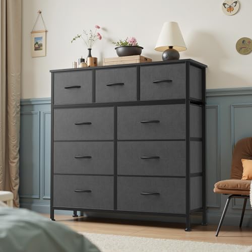 OLIXIS 9 Drawer Storage Dresser with Wood Top - Wide Fabric Chest Organizer for Bedroom, Closet, Living Room,Tower Cabinet, TV Stand, Hallway Entryway Furniture,Heather Gray - color: Grey, size: 11.8"D x 39.6"W x 39.4"H (9 Drawers)