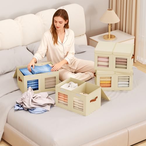 Homsorout Large Closet Storage Bins - Collapsible Divided Clothes Organizer with Lids & Dual Window, Fabric Organizing Bins for Clothes, Sweater, Bedroom, Office (Beige, 4 Pack) - color: Beige, size: L(4-Pack)