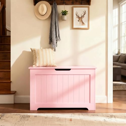 JungleA 30'' Box Storage Chest Trunk, Wooden Storage Bench Organizer Box Shoe Blanket Chest, w/2 Safety Hinges, for Living Room, Bedroom, Entryway, Pink - color: Pink, size: 30''