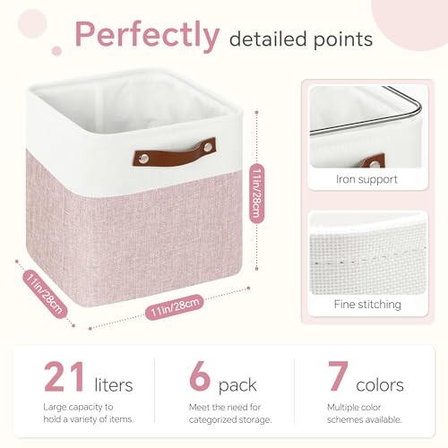 FinishingBo Cube Storage Baskets 6 Pack, 11x11 inch Cube Storage Bins with Leather Handles for Shelf Closet (White/ Pink) - color: White/Pink