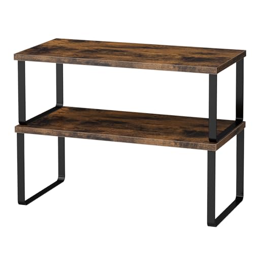OGEMXU Cabinet Shelf Organizers, 15.7 inches Large Kitchen Counter Shelf, Set of 2 Wood Kitchen Pantry Organizer, Storage Shelves for Countertop, Spice Rack, Stackable, Expandable, Metal Black, Brown - color: Black and Brown, size: 2pcs 7.8" D x 15.7" W x