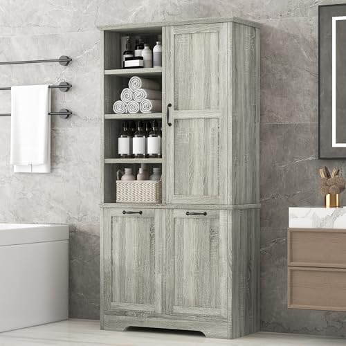Virubi Tall Laundry Hamper Cabinet with 2 Tilt Out Hamper, Modern Wood Bathroom Laundry Storage Cabinet with Adjustable Shelves, Freestanding,Oak - color: Oak, size: 31"x14"x68"