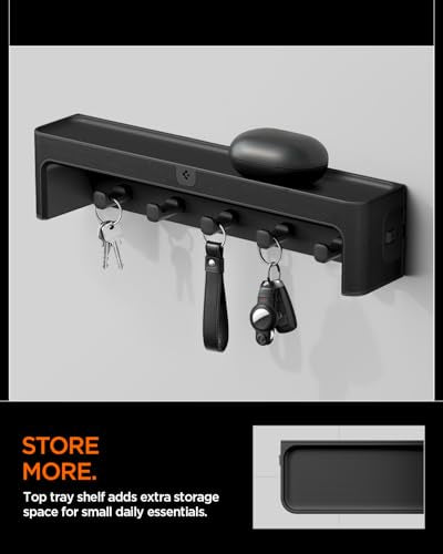 Spigen Key Holder Wall Mount with Adhesive Hooks and Organizer Tray for Wallet, Watch, Sunglasses – Entryway Shelf Rack for Door, Home, or Living Room – Black - style: Key Holder