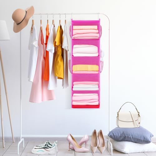 MAX Houser 5-Shelf Hanging Closet Organizer, Hanging Storage Shelves with 4 Side Pockets Space-Saving for Bedroom, Foldable (Pink) - color: Pink