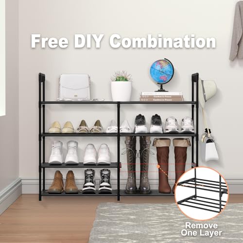 2 Rows 4 Tier Shoe Rack, Black Metal Stackable Shoe Shelf with Multifunctional Hooks, Hold 16-20 Pairs, Space Saving Shoe Organizer for Closet, Bedroom - size: 2 Row 4 Tier