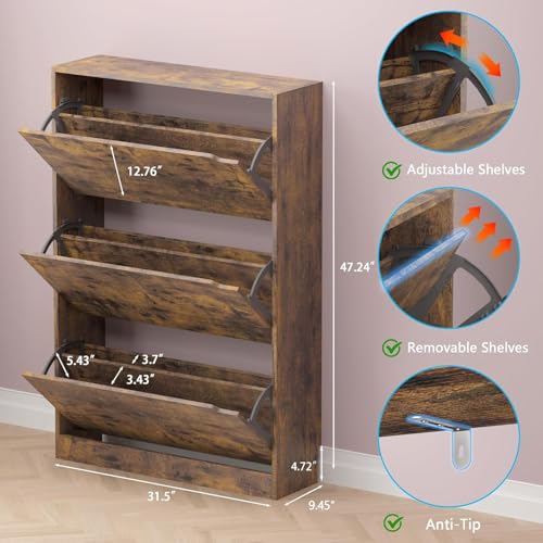 BORNOON Shoe Cabinet with 3 Flip Drawers, Hidden Wood Shoe Cabinet,Freestanding Shoe Storage Cabinet for Entryway Hallway - color: Brown, size: 3 Drawers