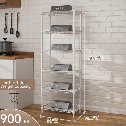 SINGAYE 6 Small Wire Shelves Kitchen Pantry Close Home Organizers and Storage Bathroom Shelf Laundry Room Organization Adjustable Book Metal Garage Shelving Unit - color: White, size: 6-Tier 9.92"D X 15.72"W X 60."H