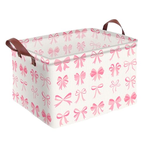 Pink Bow Decor Storage Basket Waterproof Canvas Toy Storage Bin Coquette Room Decor Collapsible Outdoor Basket with Leather Handles Pink Blanket Baskets For Closets,Bedrooms,Gifts Baskets - color: Pink Bow Decor