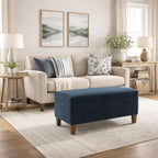 HomePop Large Upholstered Rectangular Storage Ottoman Bench with Hinged Lid, Navy - color: Navy