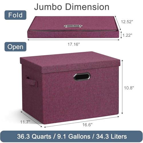 Graciadeco Large 17" 36 Quart Collapsible Stackable Storage Bins with Lids, 3 Packs Purple Linen Fabric Closet Boxes with Lids, Storage Cube Baskets Container Organizers for Bedroom Office (17x12x11) - color: Purple, size: Large -3 Pack