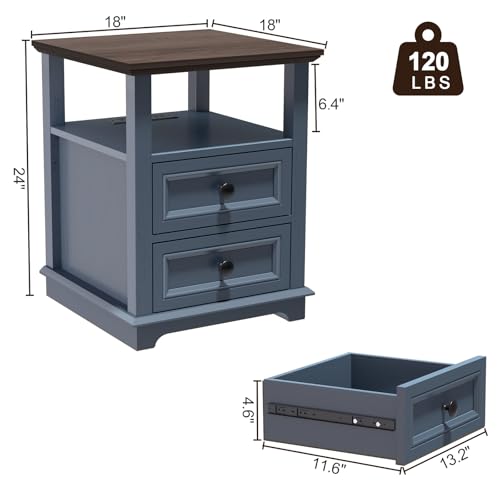 REDAYFUR End Table with Fast USB C Charging Station, 18" Wide Tall Sofa Side Table with 2 Drawers, Large Storage Rustic Wood Square Storage Cabinet for Living Room, Bedroom, Office, Blue - color: Dark Blue, size: 1 Piece