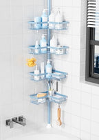 KEGII Shower Caddy Tension Pole, 4-Tier Rustproof Adjustable Corner Bathroom Organizer for Renters, 25–114.2 Inch No Drill Space-Saving Shower Storage Rack, Blue - style: Tension Caddy - Blue