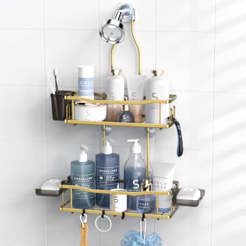 Aitatty Hanging Shower Caddy Bathroom Organizer: Rustproof Shower Shelf Racks Over Shower Head - No Drilling Inside Bath Shower Rack Shelves Over Showerhead for Shampoo with Soap Holder Gold - color: Gold