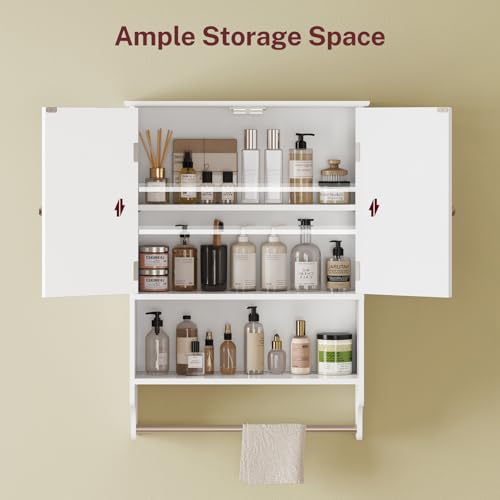 TEENFON Bathroom Wall Cabinet with Adjustable Shelves and Towel Rack, Wall Mounted Over the Toilet Storage Cabinet for Bathroom, Living Room, White UNGGX005W - color: White With Towel Bar