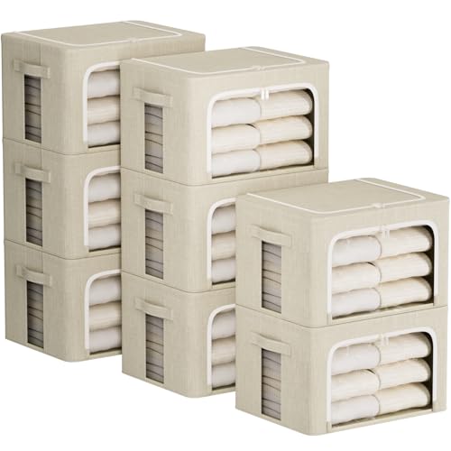 FHSQX 8 Pack Clothes Storage Bins - Foldable Storage Bins for Clothes Fabric Storage Box with Metal Frame (Beige, 15.7x11.8x9.8 inch) - color: Beige, size: 15.7x11.8x9.8 inch