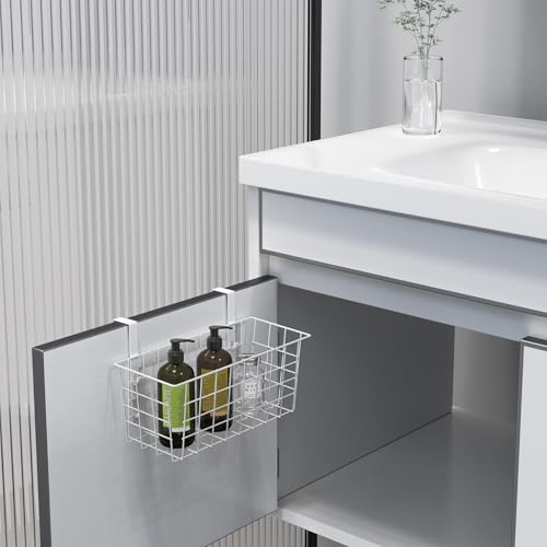 MaraFansie Basket with Hook, Grid Storage Basket, Over the Cabinet Door Organizer, Wire Hanging Basket with Hook Over the Door/Railing, Under Sink Kitchen Cabinet, Pantry, Bathroom, White, 4 Pack - color: WHITE, size: 4 PACK