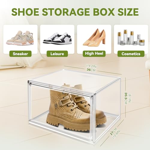 12 Pack Sneaker Boxes Clear Plastic Stackable Shoe Box Size 12.5, Transparent Display Case with Magnetic Acrylic Door, Dustproof Storage Bins for Closet, Over the Door Shoe Organizer - color: Clear, size: M-Large Size 13