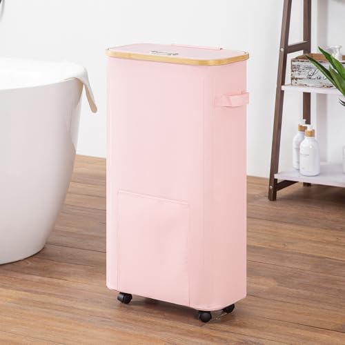 Vincona Laundry Basket with Wheels, Tall Dirty Clothes Hamper on Wheels, Rolling Laundry Hamper with lid for Dorm, Bedroom and Bathroom - color: Pink, size: 65L