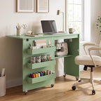Giantex Folding Sewing Table with Charging Station, Rolling Craft Table with Storage Trays & Shelf, Foldable Sewing Machine Cabinet Desk with Lockable Wheels for Small Spaces (Sage) - color: Sage