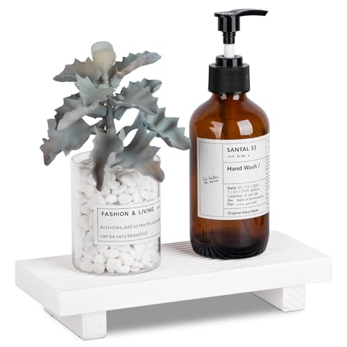 Wooden Tray Pedestal Stand Farmhouse Bathroom Decor Decorative Wooden Riser Kitchen Soap Dish Holder for Vanity, Counter, Sink, 8.7 * 3.6 White - color: White, size: 8.7" x 3.6" x 1.6"
