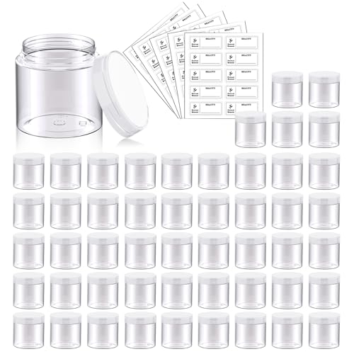 50 Pack 2 OZ Plastic Jars Round Clear Cosmetic Container with Clear Lids, Eternal Moment Slime Jars for Lotion, Cream, Ointments, Makeup, Eye shadow, Rhinestone, Samples, Pot, Travel Storage - color: Clear Lid, size: 2 Ounce