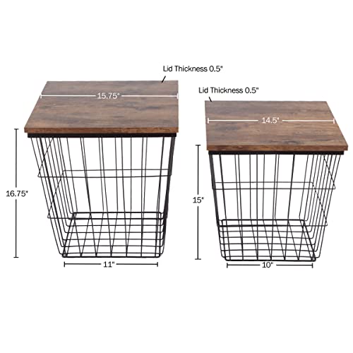 End Tables Set of 2 - Nesting Tables with Removable Wood Tops and Metal Basket Bases for Blanket Storage - Square Side Furniture for Living Room, Bedroom, or Home Office by Lavish Home (Brown) - color: Brown Square 2