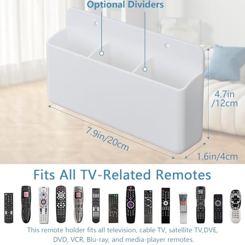 3 Slot Adjustable Remote Control Holder Wall Mount, TV Remote Box Hollow Bottom Slot Easy Phone Charging, Self Adhesive Remote Holder,Wall Pen Holder Storage Accessories for Home Office School (White) - color: White