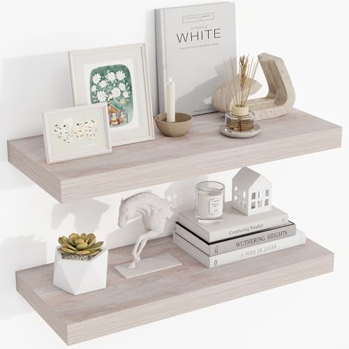 Acovy 24 Inch Floating Shelves, 3D Textured Wood Grain, 24"x9.25"x1.5" Inch Deep Floating Shelves for Wall, Wooden Shelves for Bathroom, Bedroom, Living Room, Washed White, 2 Pieces - color: Washed White, size: 24"x9.25"-2pcs