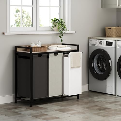Herture Laundry Hampers with Shelf, Laundry Basket 3 Section, Laundry Sorter with Pull-Out Removable Large 3 Color Bags and Movable Wheels, Metal Frame, 3 x 15.87 Gallons (60L), Greige PF04XLZ - color: Greige + 3-Color, size: 3 Bags-180 L