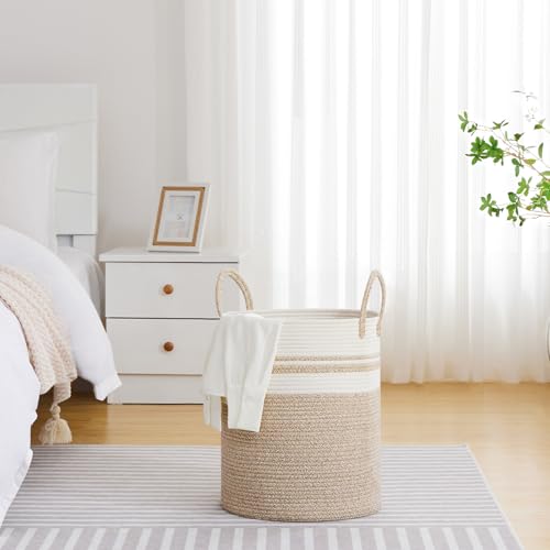 VIPOSCO Large Laundry Hamper, Tall Woven Rope Storage Basket for Blanket, Toys, Dirty Clothes in Living Room, Bathroom, Bedroom - 53L Brown & White - color: Brown & White, size: 53L