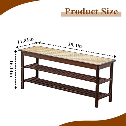 Bamboo Entryway Bench with Woven Rattan Seat, 2-Tier Shoe Storage Bench for Hallway & Entryway 39.4 inches Walnut - color: Walnut, size: 39.4 inch