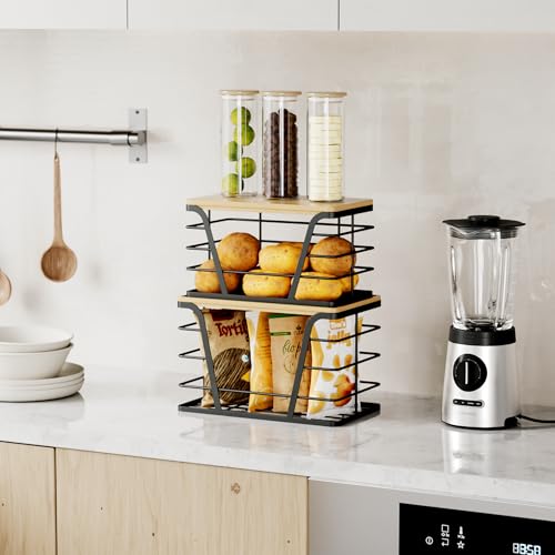 TIDIIABODE 2 Pack Stackable Storage Laundry Kitchen Organizers, Wall Mount Trash Bag Holder with Bamboo Top and Garbage Bag Dispenser No Drill - color: 2-Pack-L&S-Black
